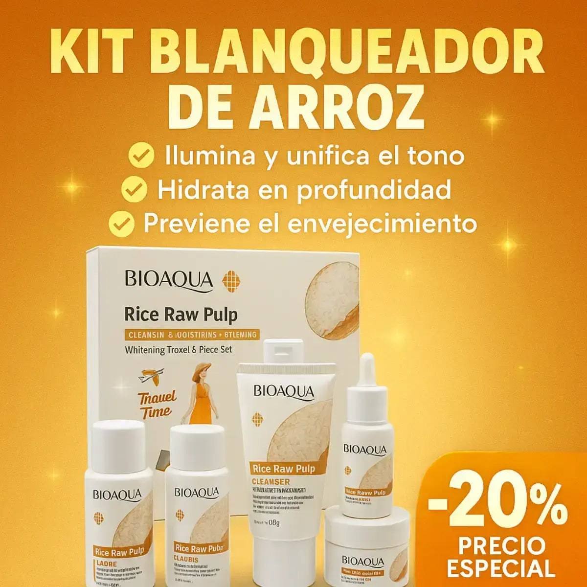 ✨ Kit Facial Bioaqua Rice Raw Pulp – Rutina 5 en 1 para Piel Radiante 🌾💧